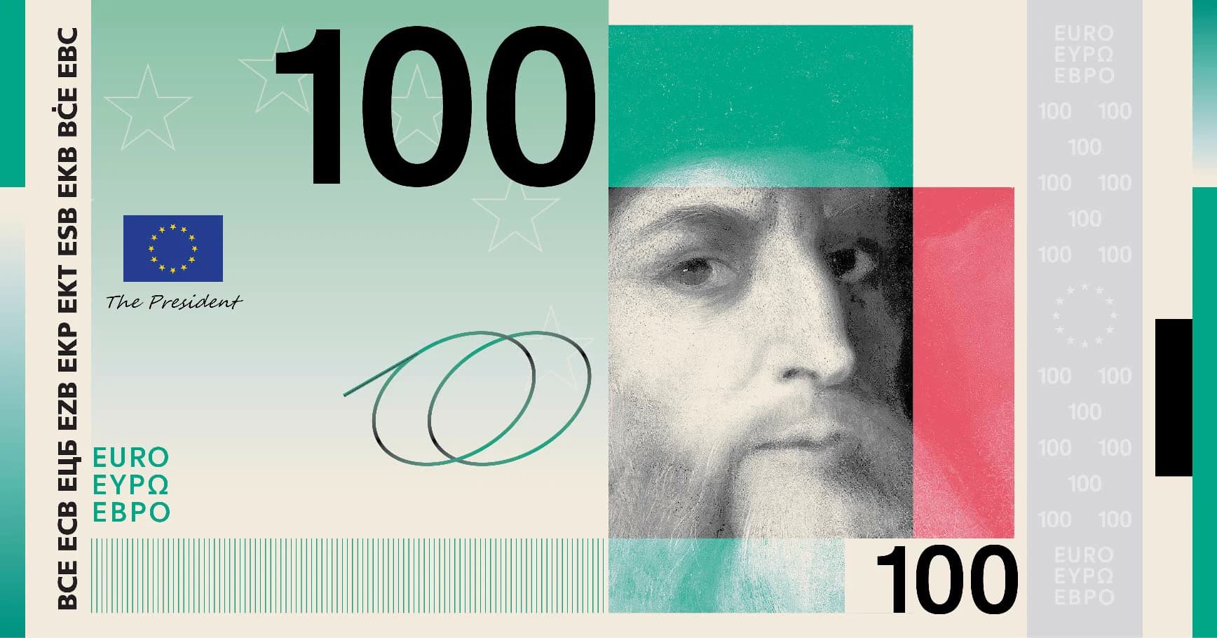 Una delle proposte finaliste per la banconota da 100 euro del tema 'Cultura europea': il volto di Leonardo da Vinci su sfondo verde acqua e rosa