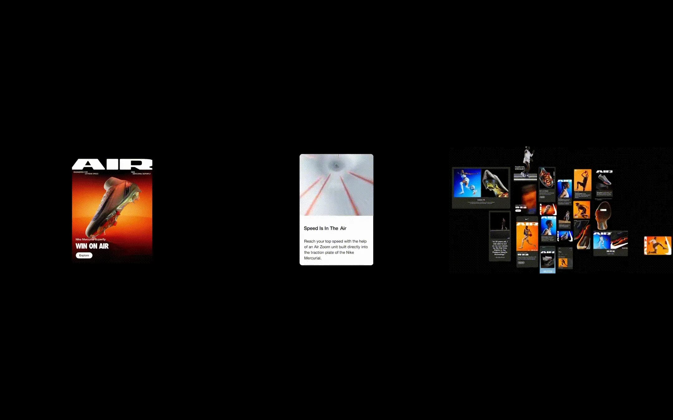 Tre frame della campagna Nike Air: poster prodotto, card informativa e moodboard di formati coordinati