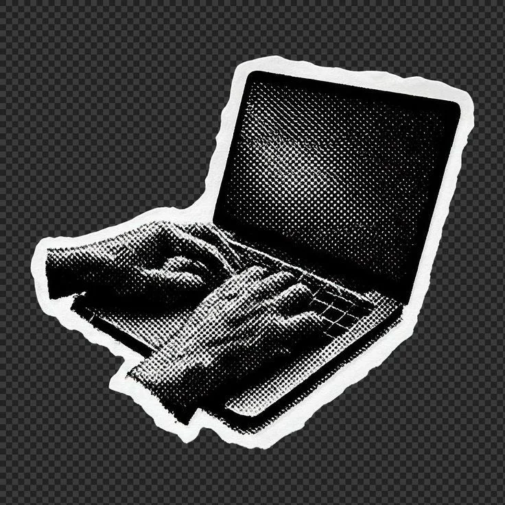 Sticker in stile halftone di mani che digitano su un laptop, su fondo a scacchi